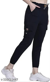 High waist cotton lycra formal trousers for women, solid net black, size 26-32 (India)